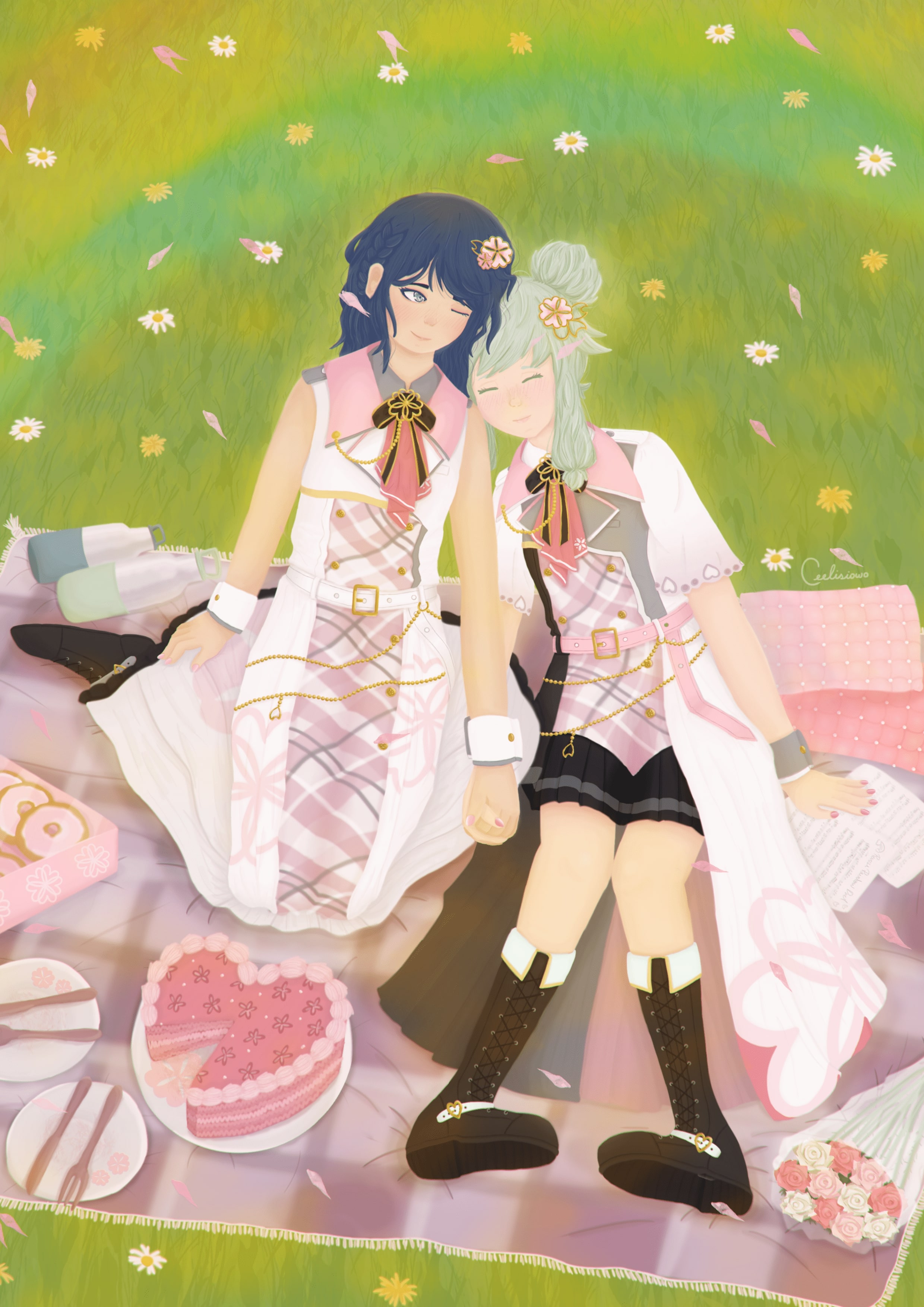 Digital drawing of Ichika and Nene in a romantic picnic.