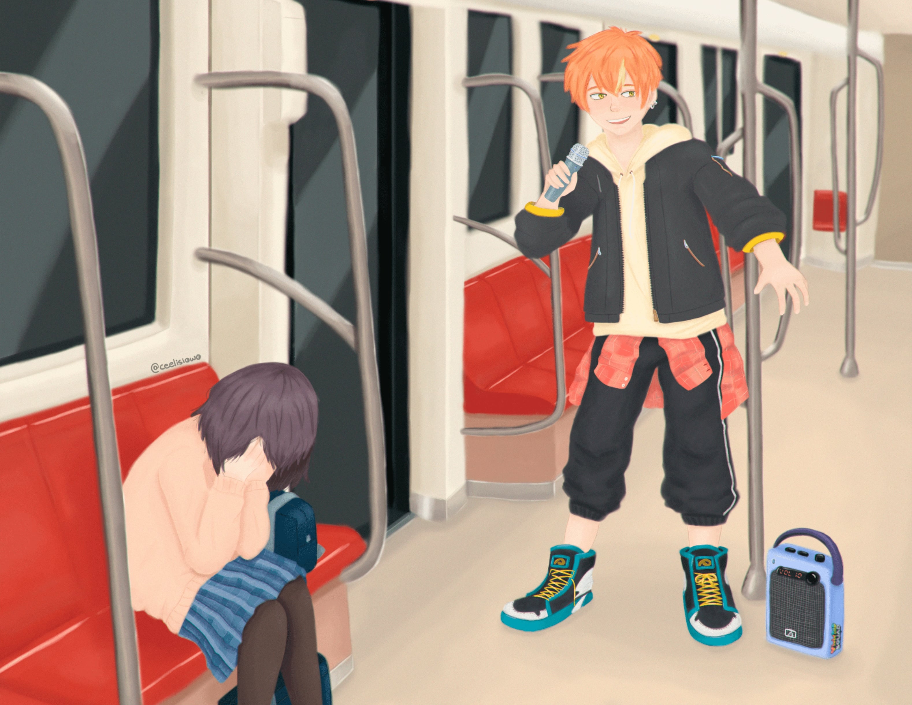 Digital drawing of Akito and Ena signing in the subway.