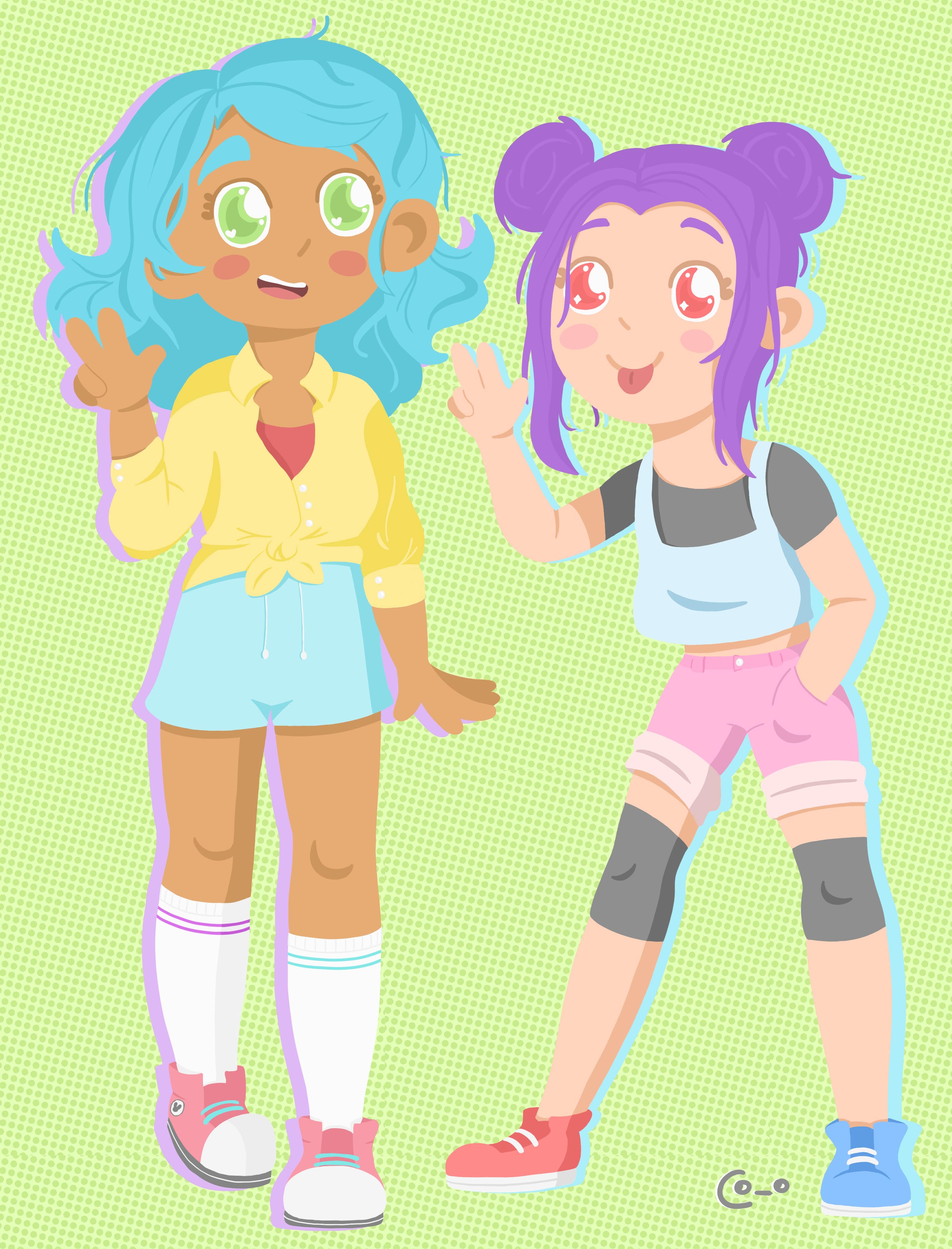 Digital drawing of fem! Bon and Bonnie in shinny colors.