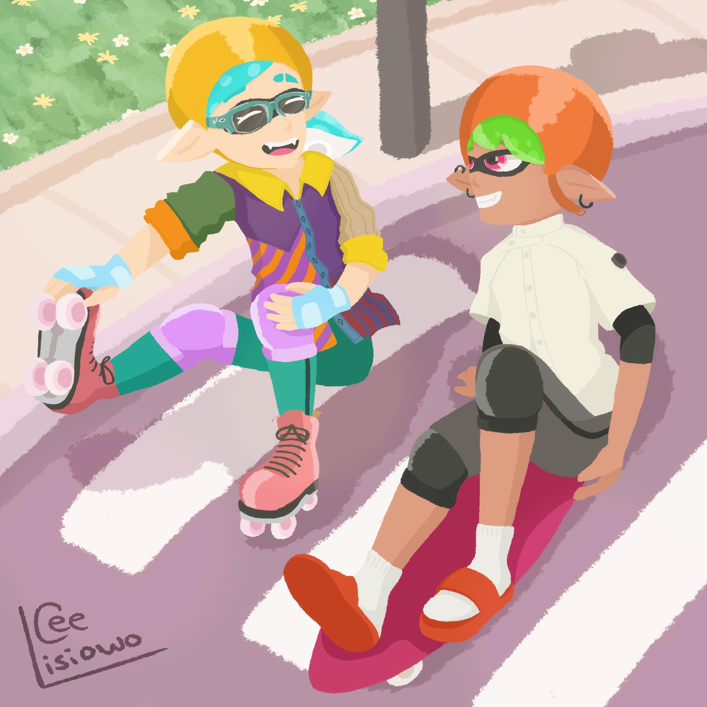 Digital drawing of Splatoon OC's skateborading.