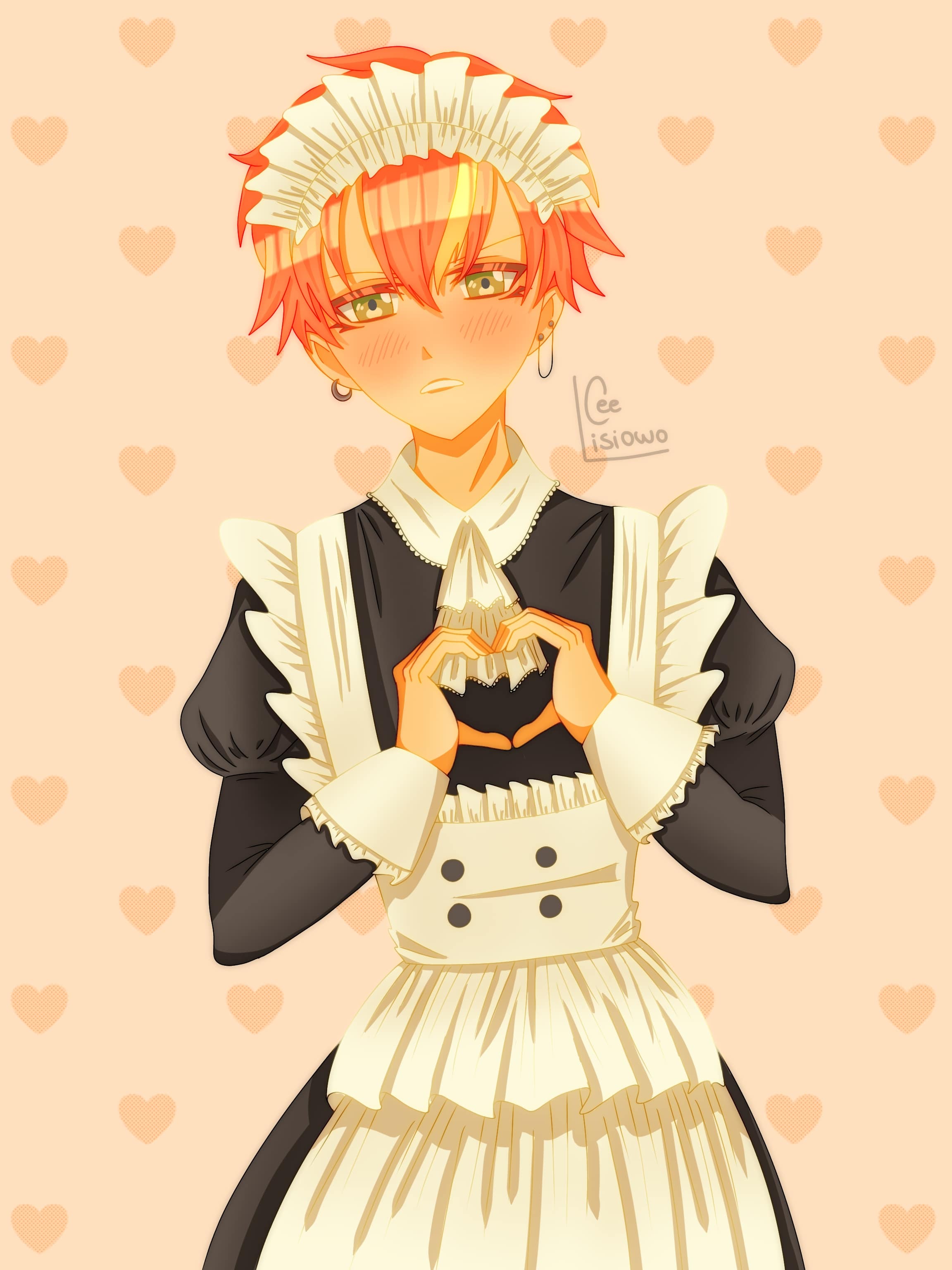 Digital drawing of Akito in a maid costume.