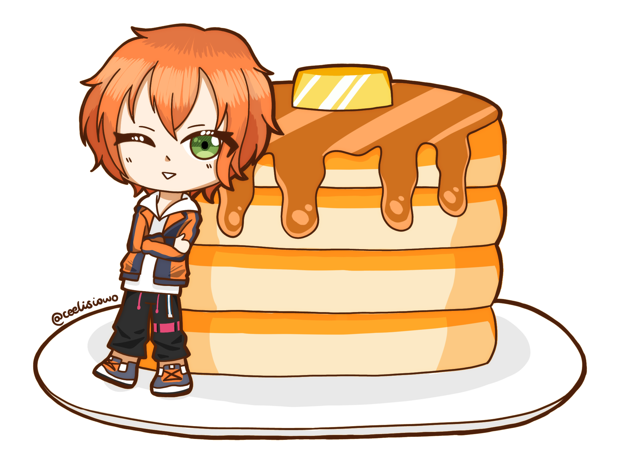 Digital drawing of Akito with a pancake.