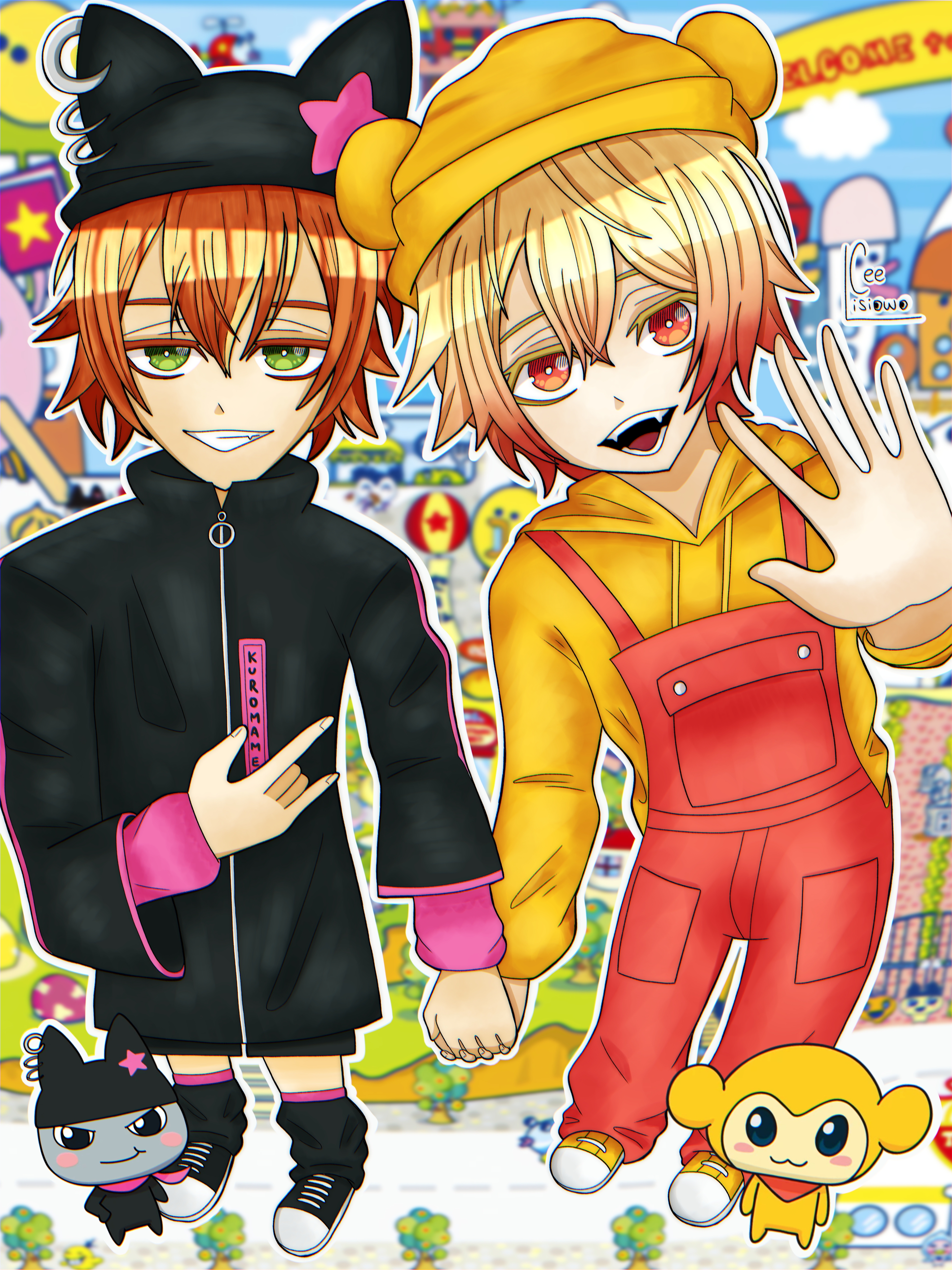 Digital drawing of Akito and Tsukasa as tamagotchis.