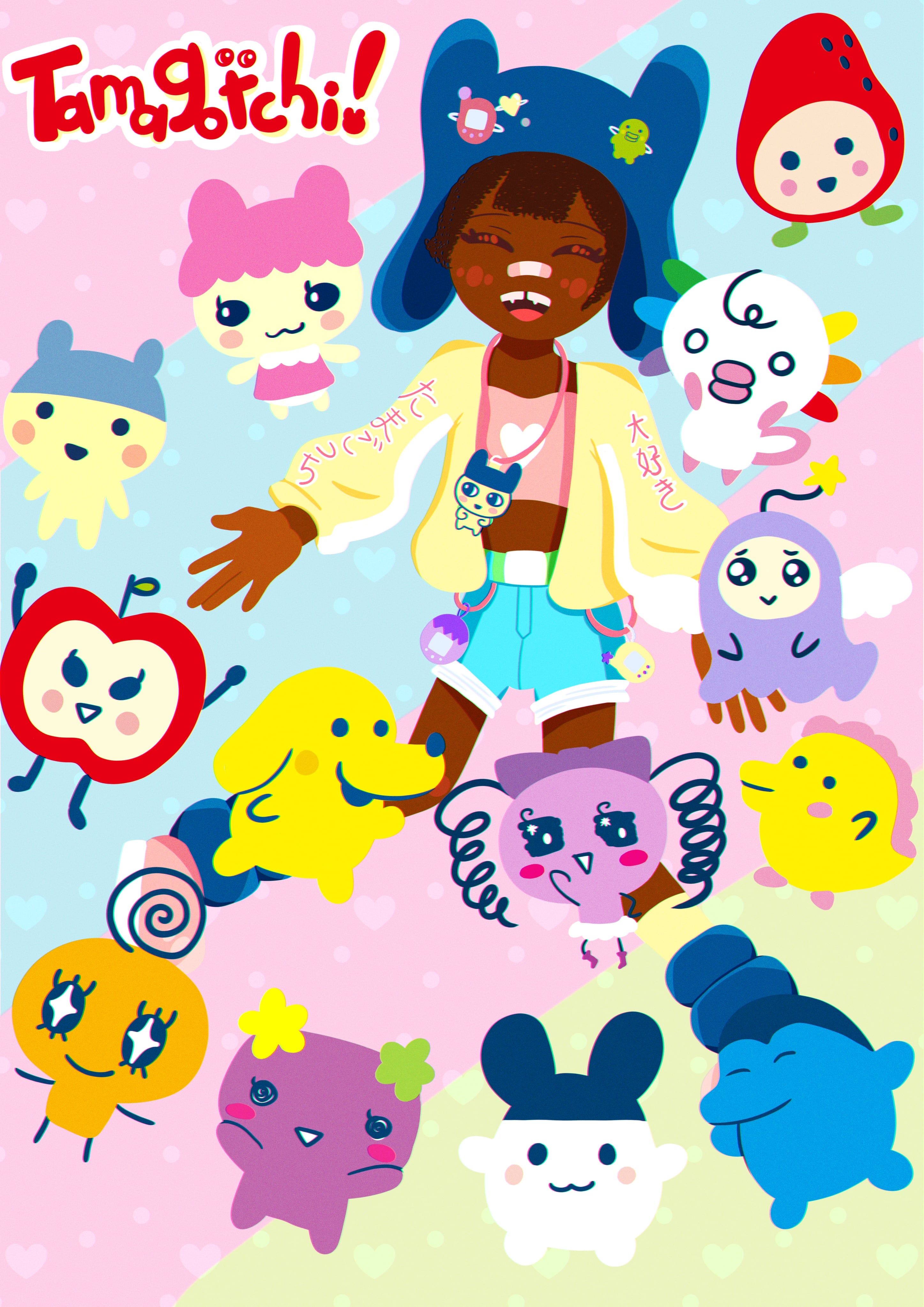 Digital drawing of a character with Mametchi clothes.