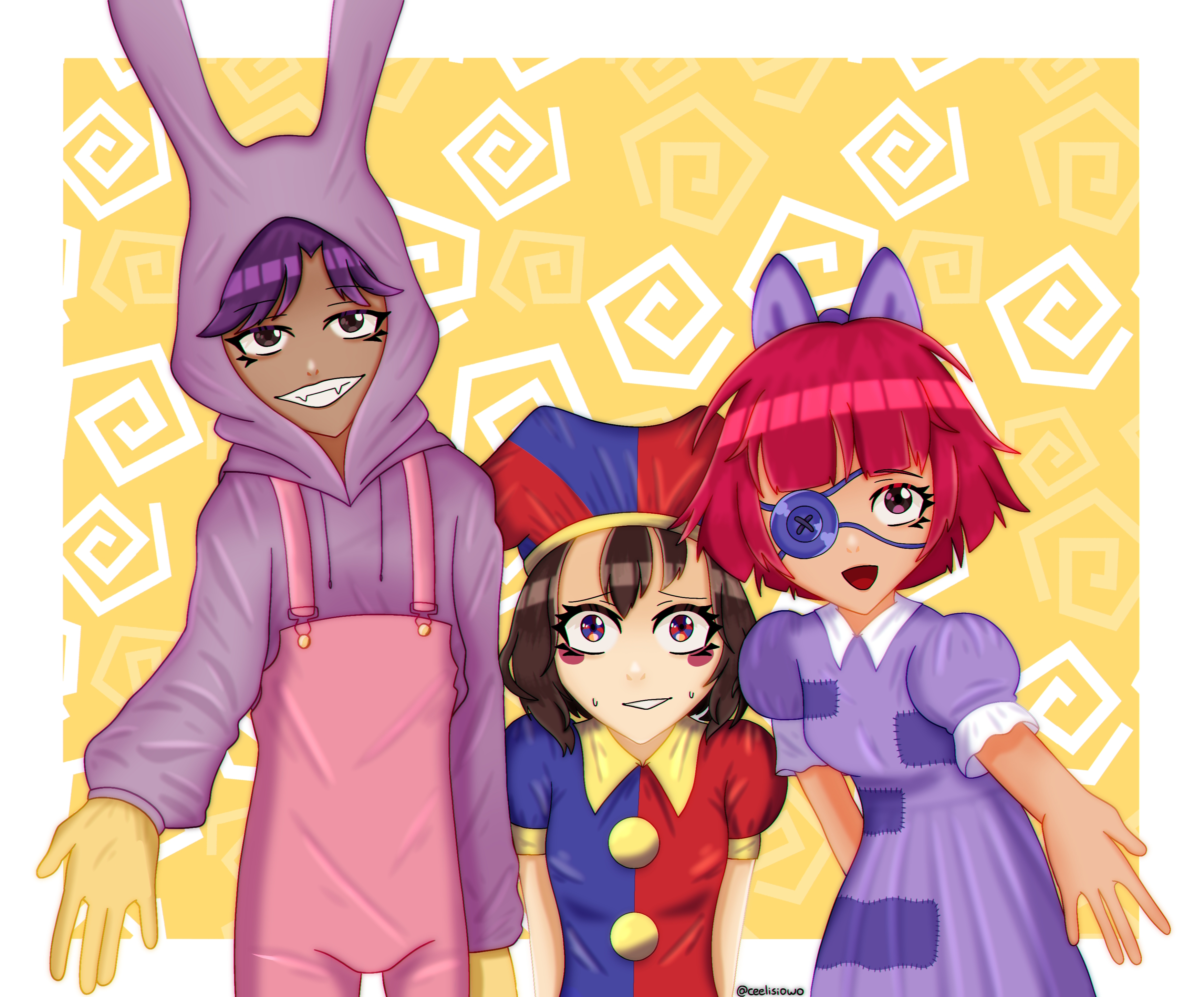 Digital drawing of Jax, Pomni and Ragatha.