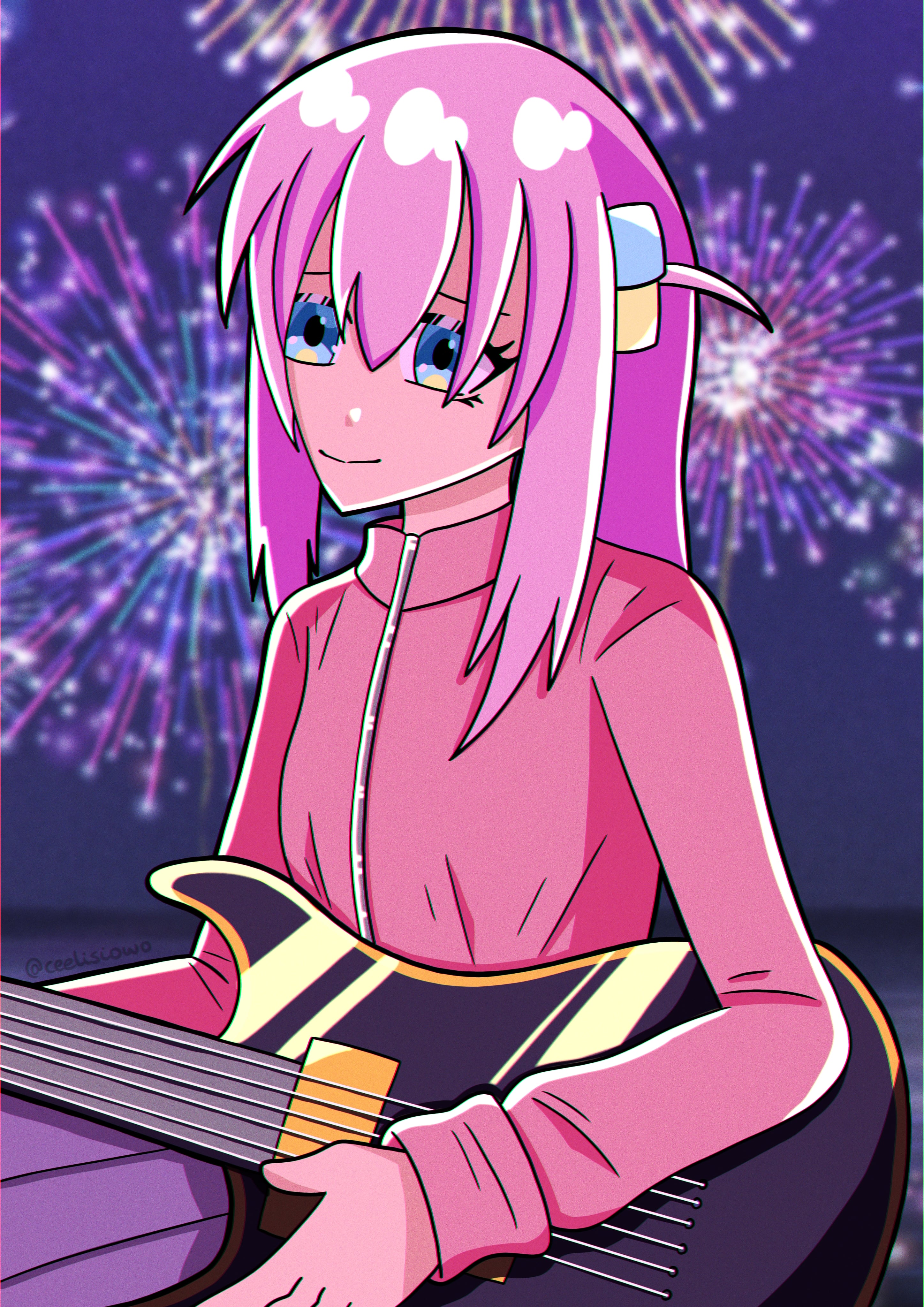 Digital drawing of Bocchi with a guitar.