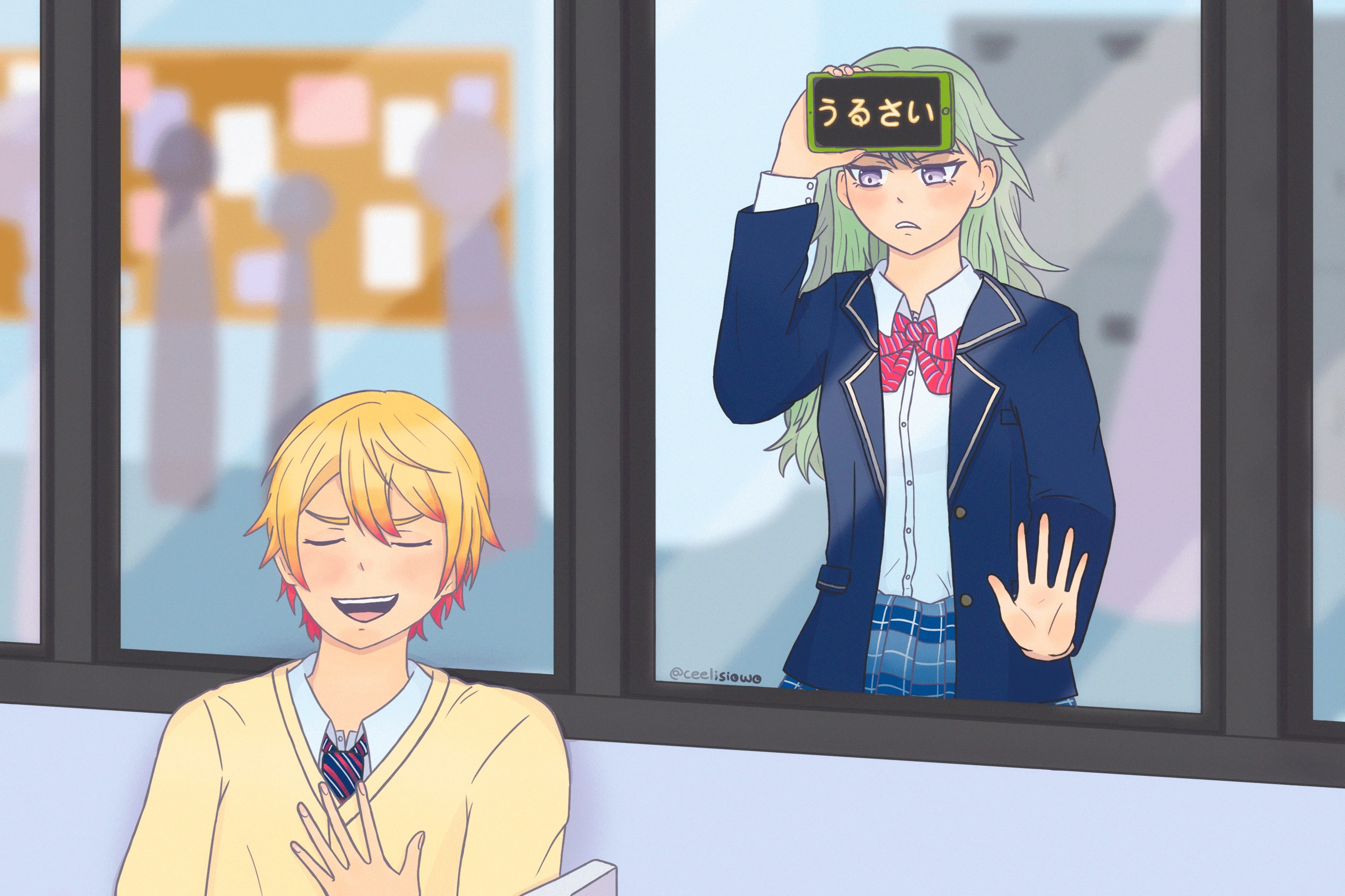 Digital drawing of Nene and Tsukasa at school.