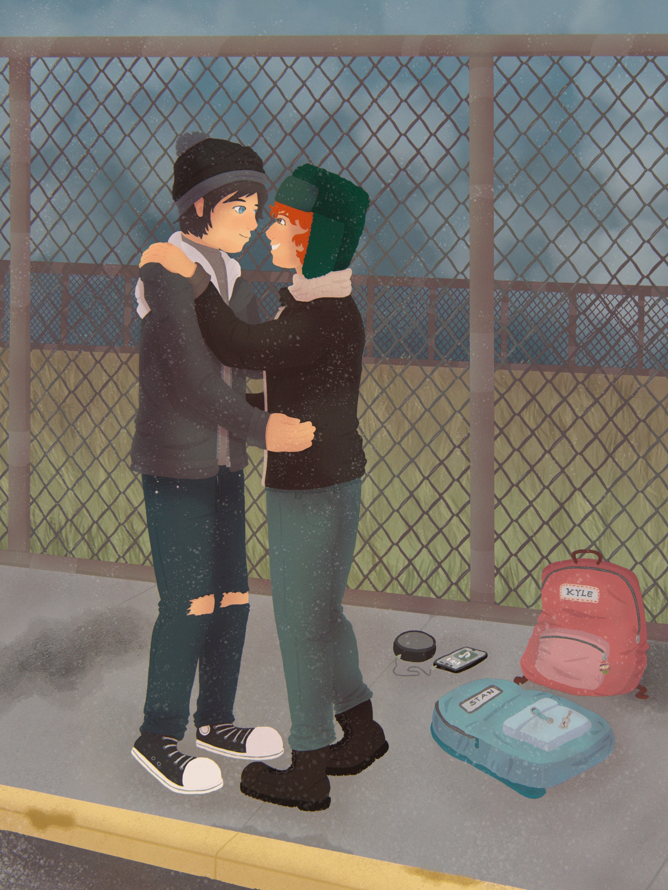 Digital drawing of Stan and Kyle hugging.