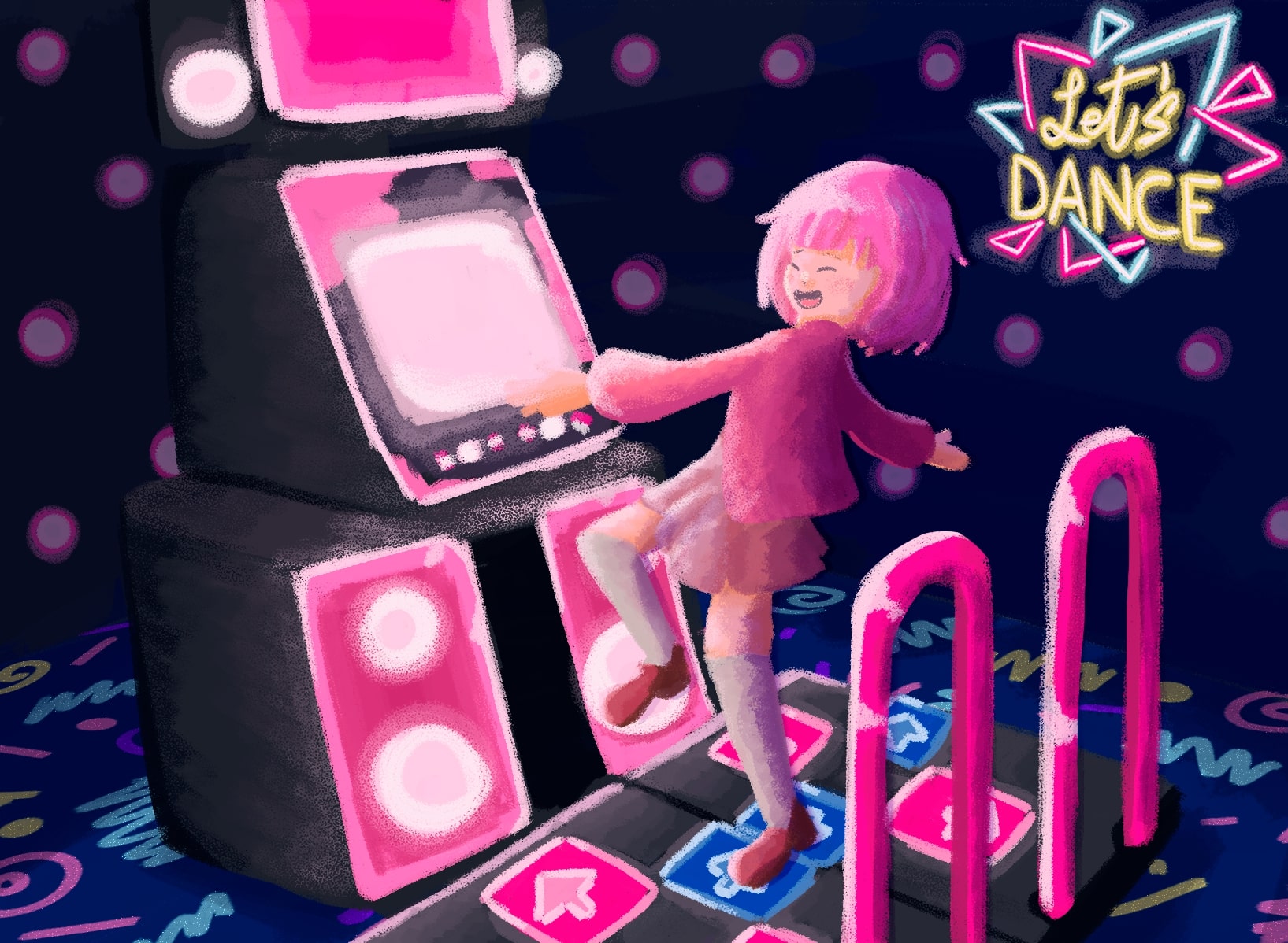 Digital drawing of Emu dancing in a DDR cabinet.