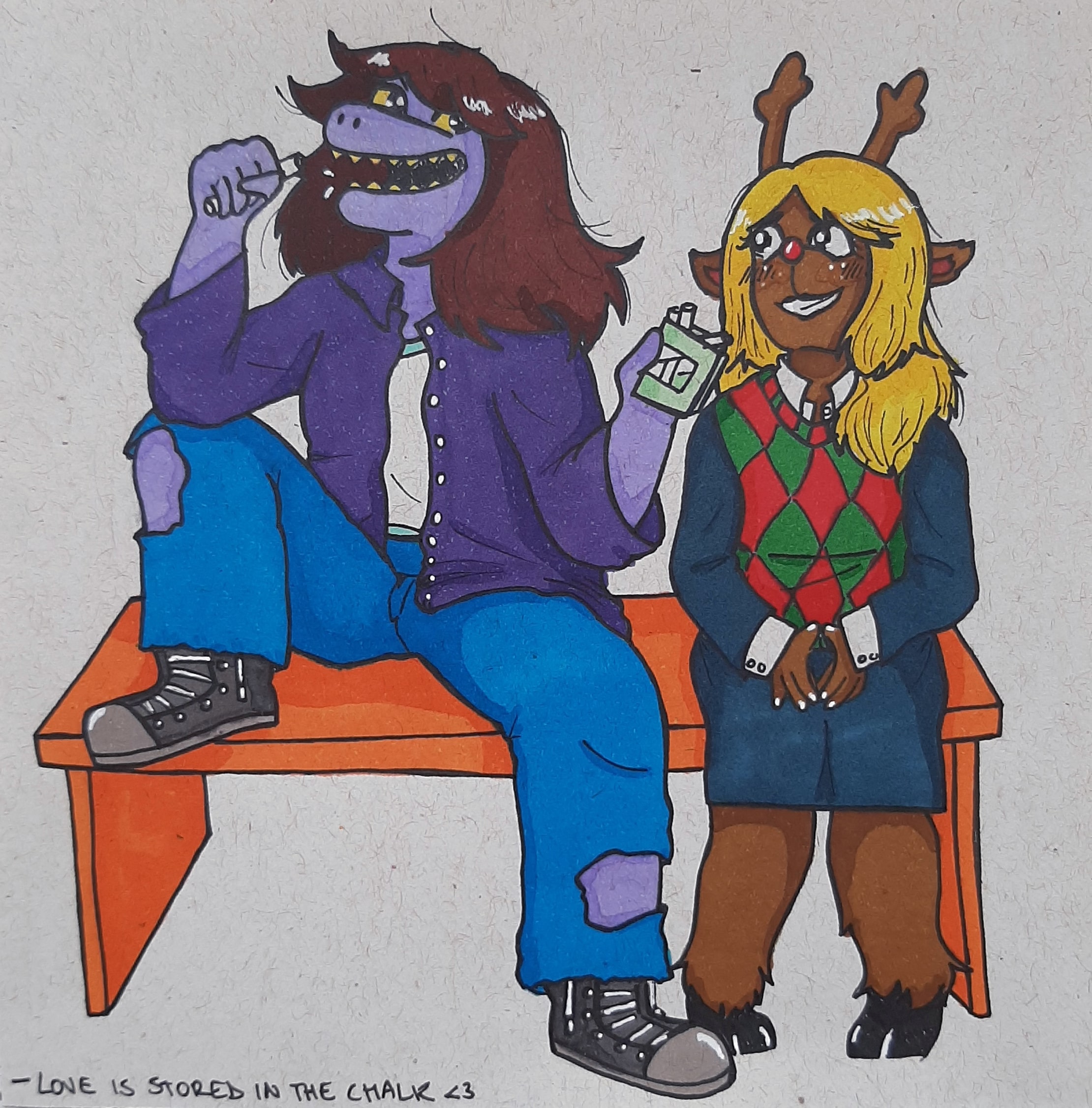 Traditional drawing of Susie and Noelle eating chalk