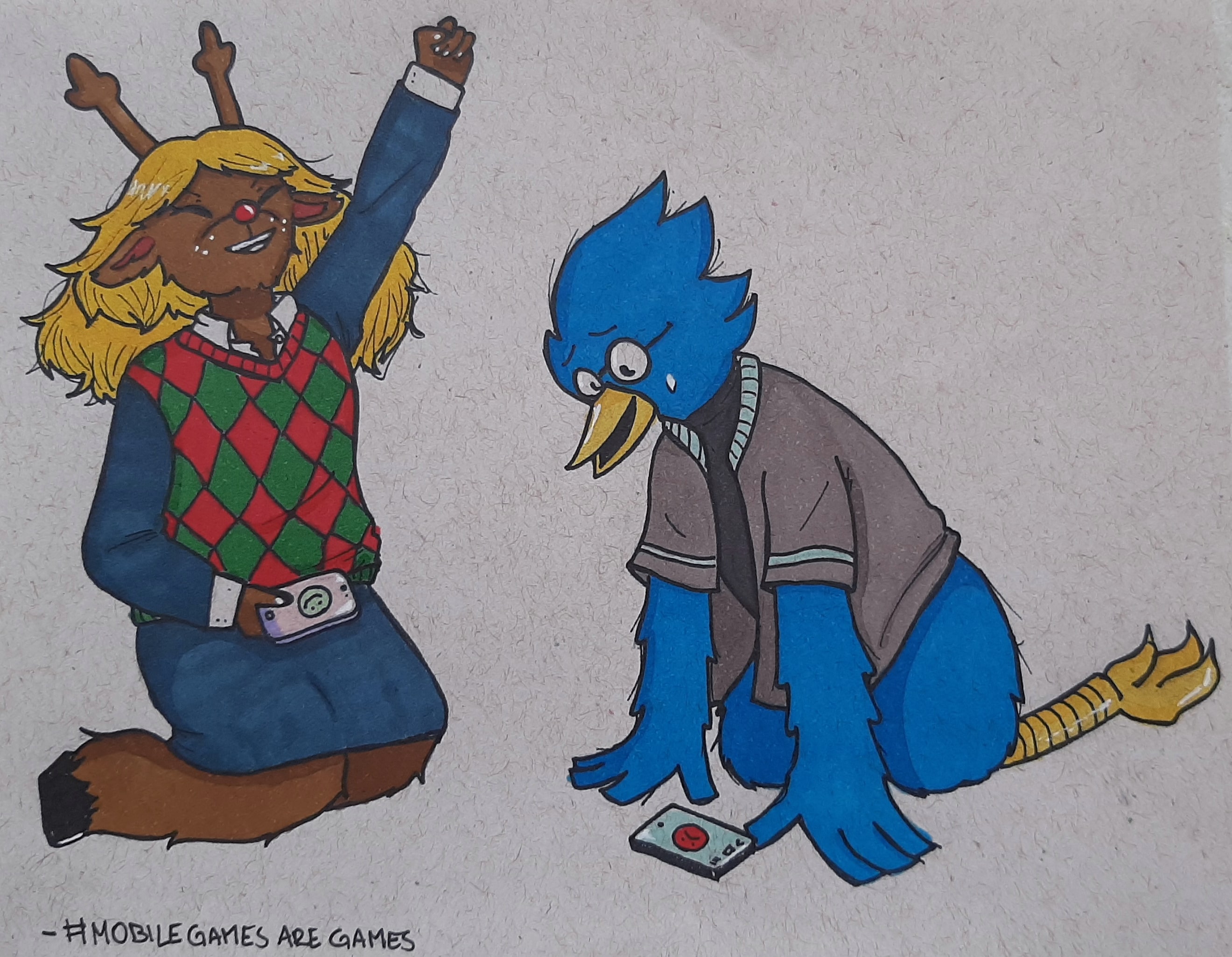 Traditional drawing of Noelle and Berdly playing mobile games.