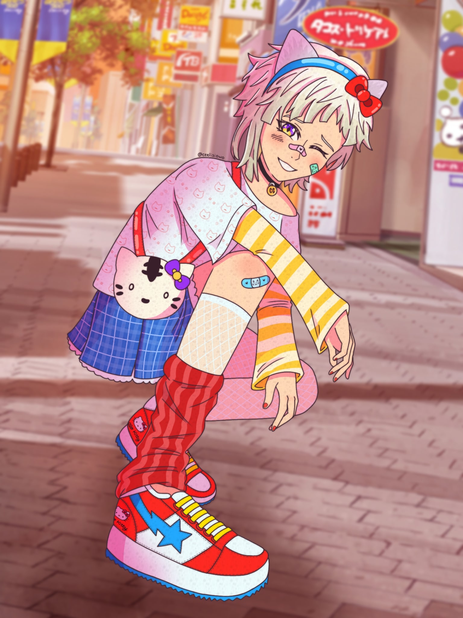 Digital drawing of Atsushi in Hello Kitty attire.