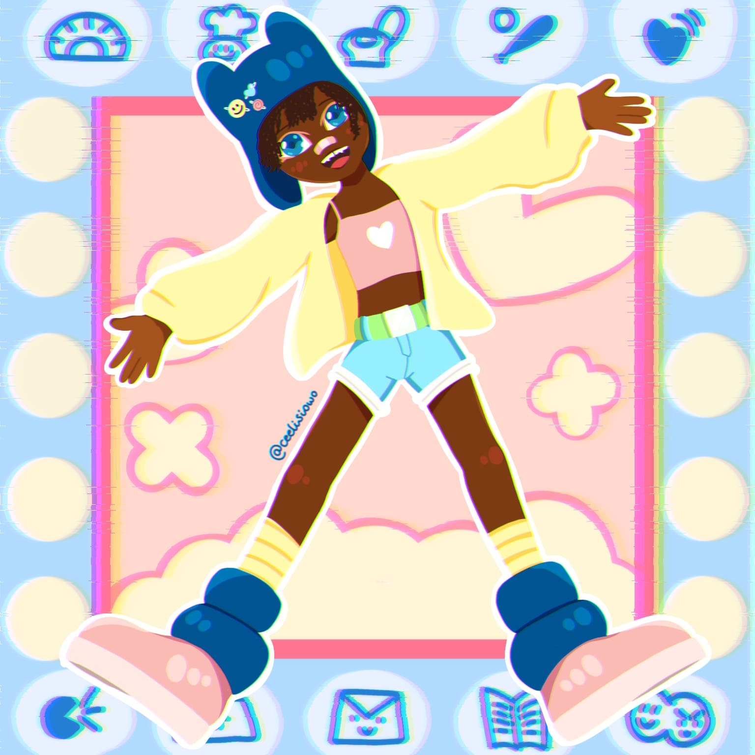 Digital drawing of a character with Mametchi clothes inside a Tamagotchi.