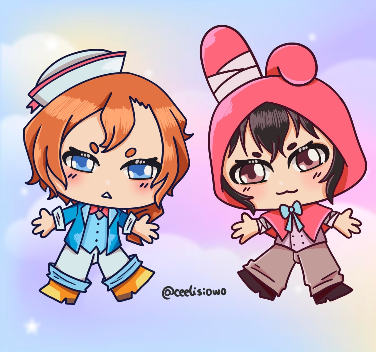 Digital drawing of Dazai and Chuuya chibis.