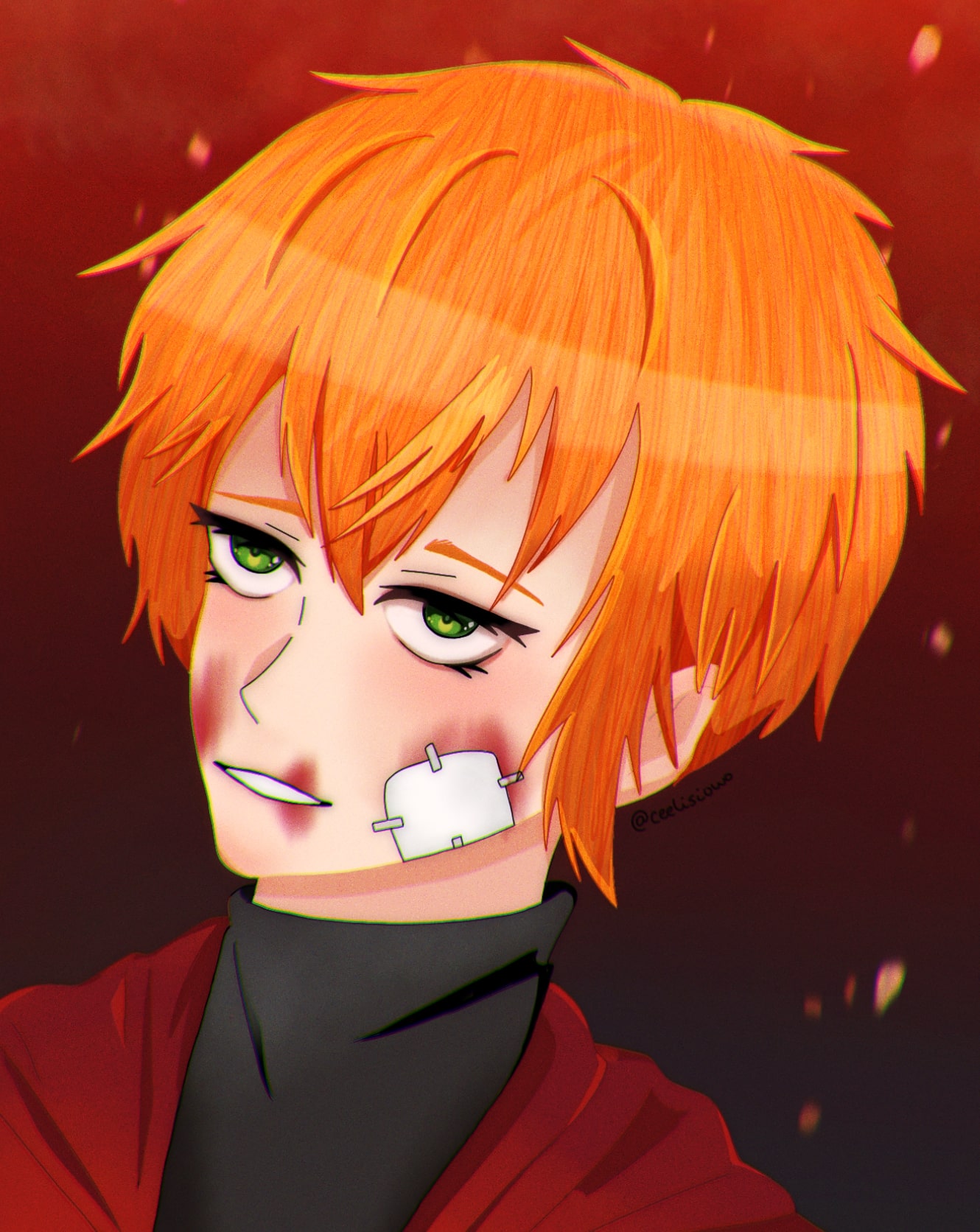 Digital drawing of Akito smiling while hurt.