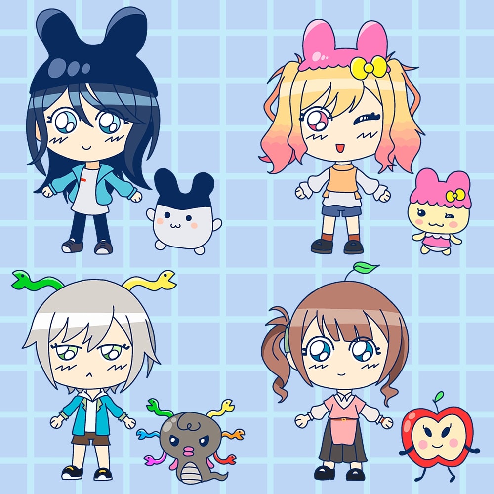 Digital drawing of proseka characters with tamagotchi companions.