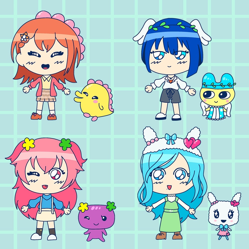 Digital drawing of proseka characters with tamagotchi companions.