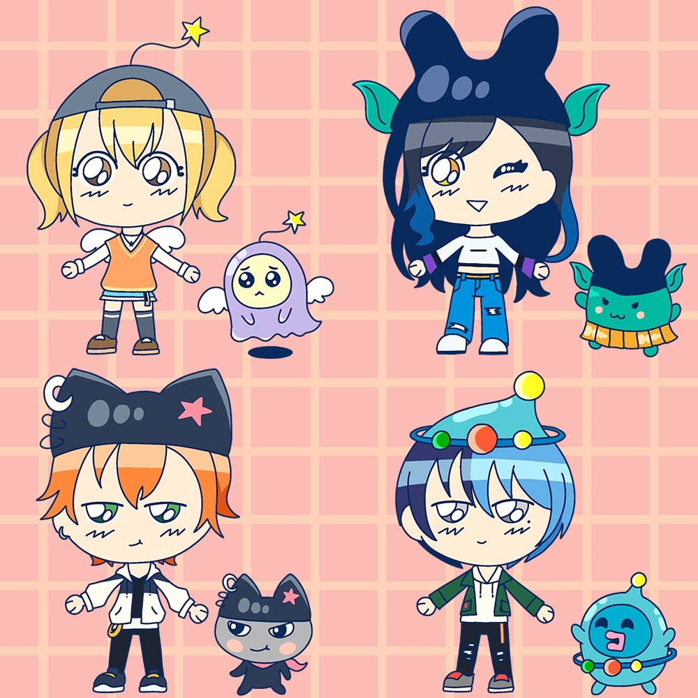 Digital drawing of proseka characters with tamagotchi companions.