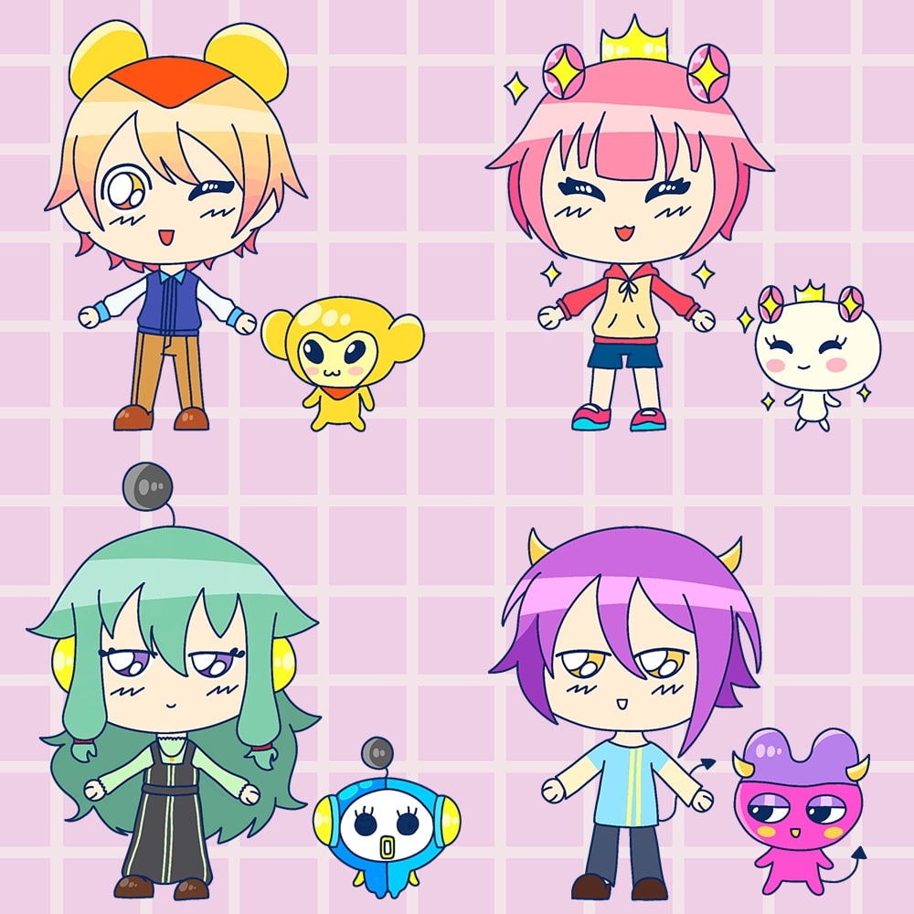 Digital drawing of proseka characters with tamagotchi companions.