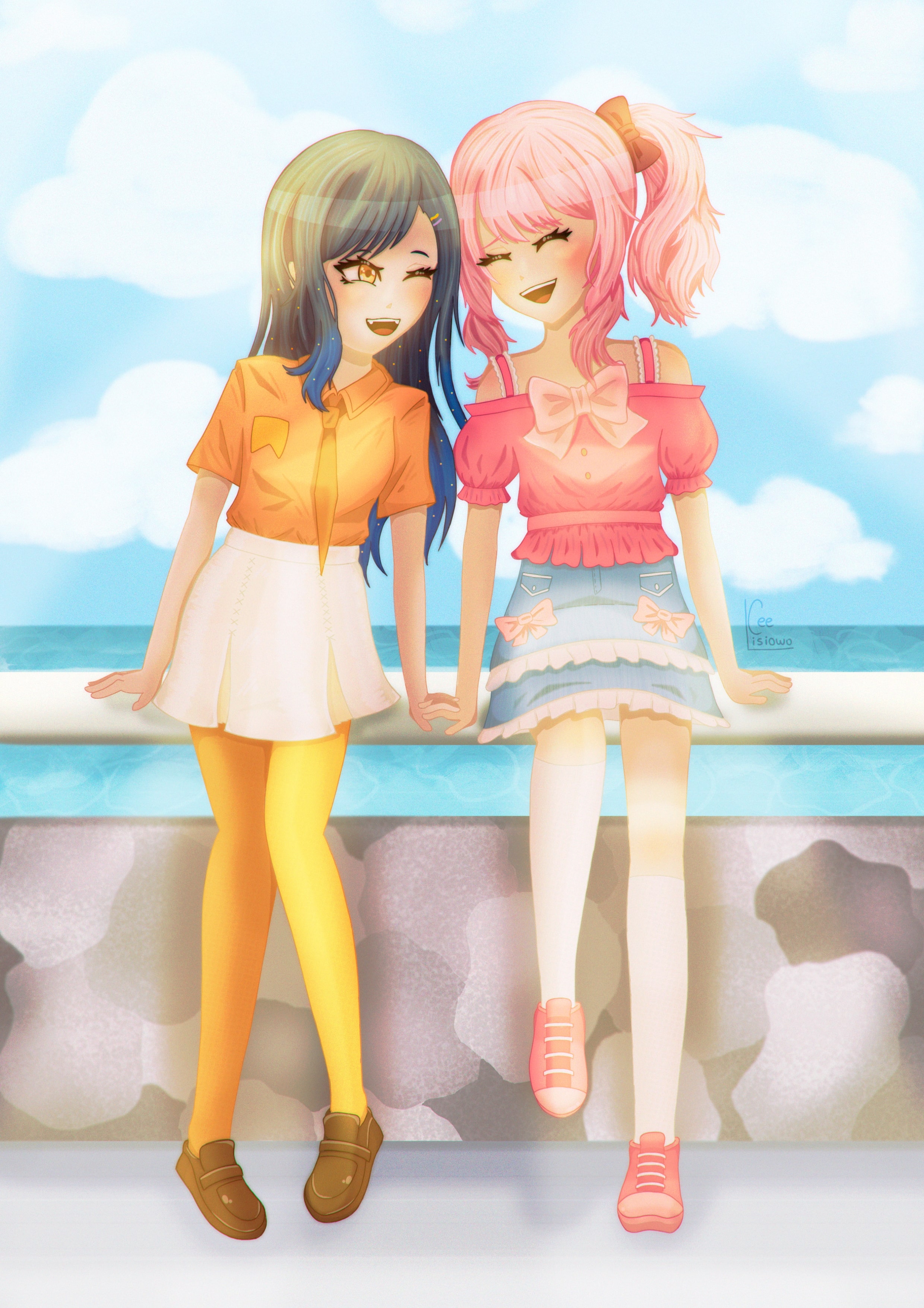 Digital drawing of Mizuki and An in a beach setting.