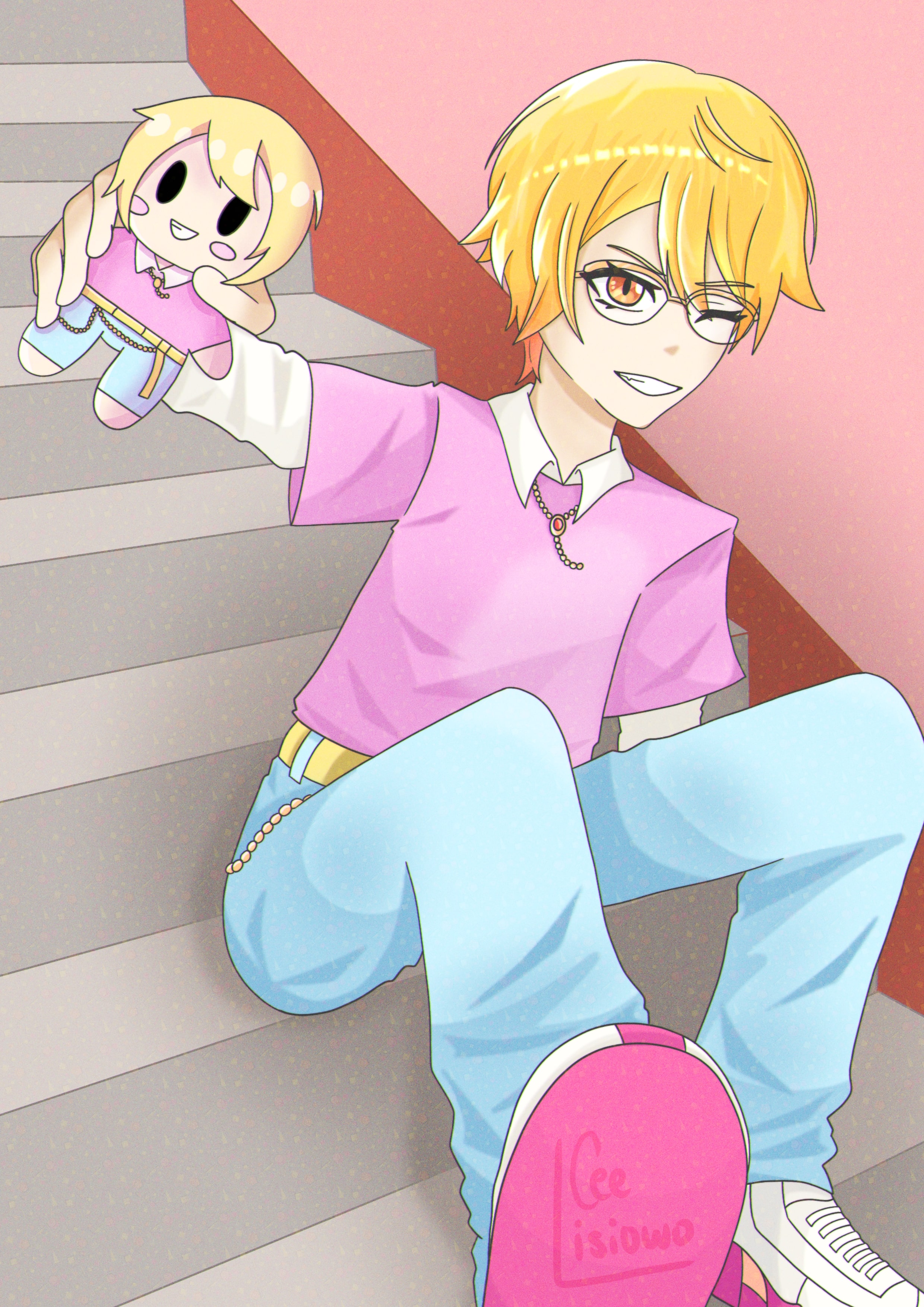 Digital drawing of Tsukasa with a plushie of himself.