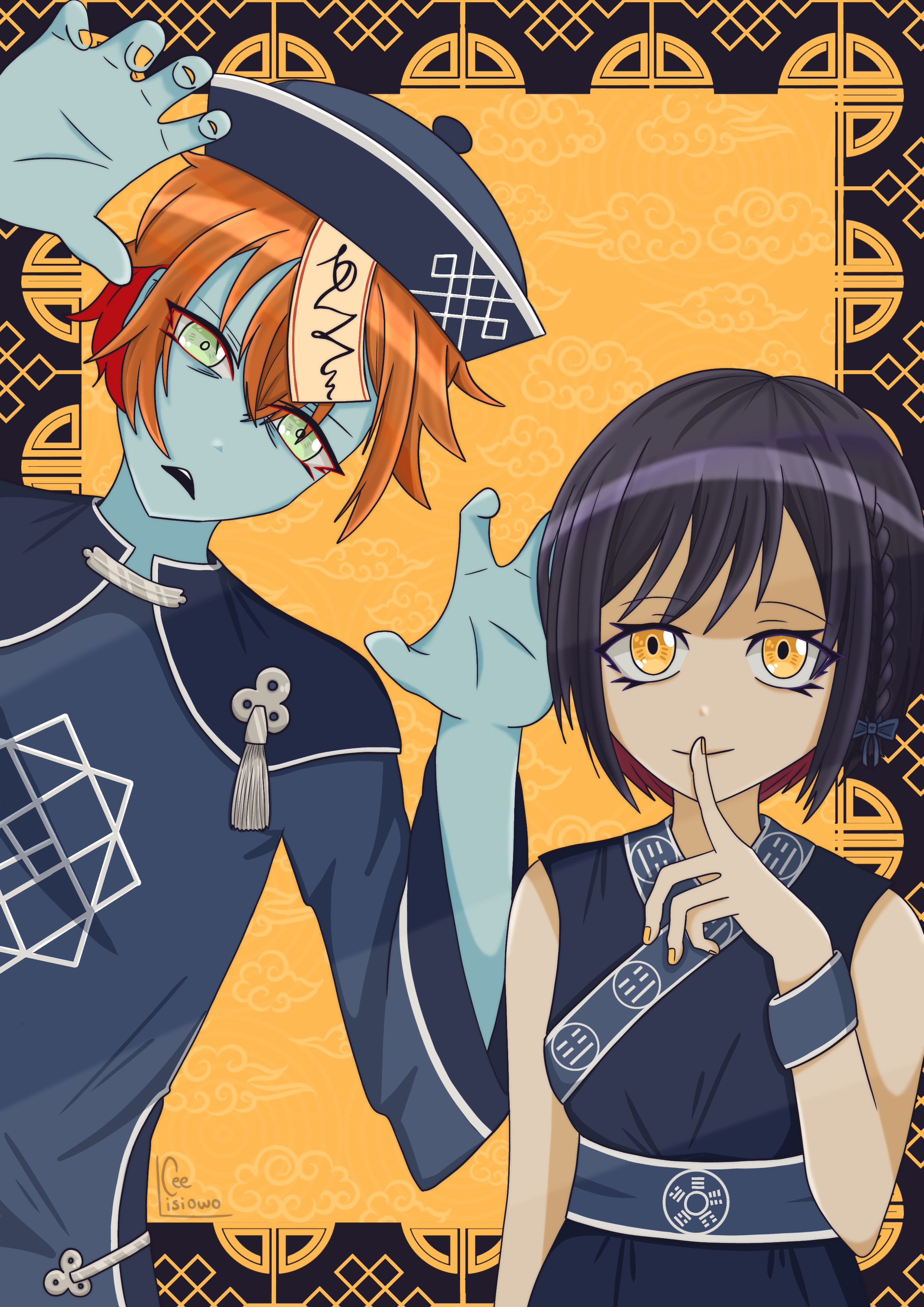 Digital drawing of Akito and Ena in jiansghi costumes.