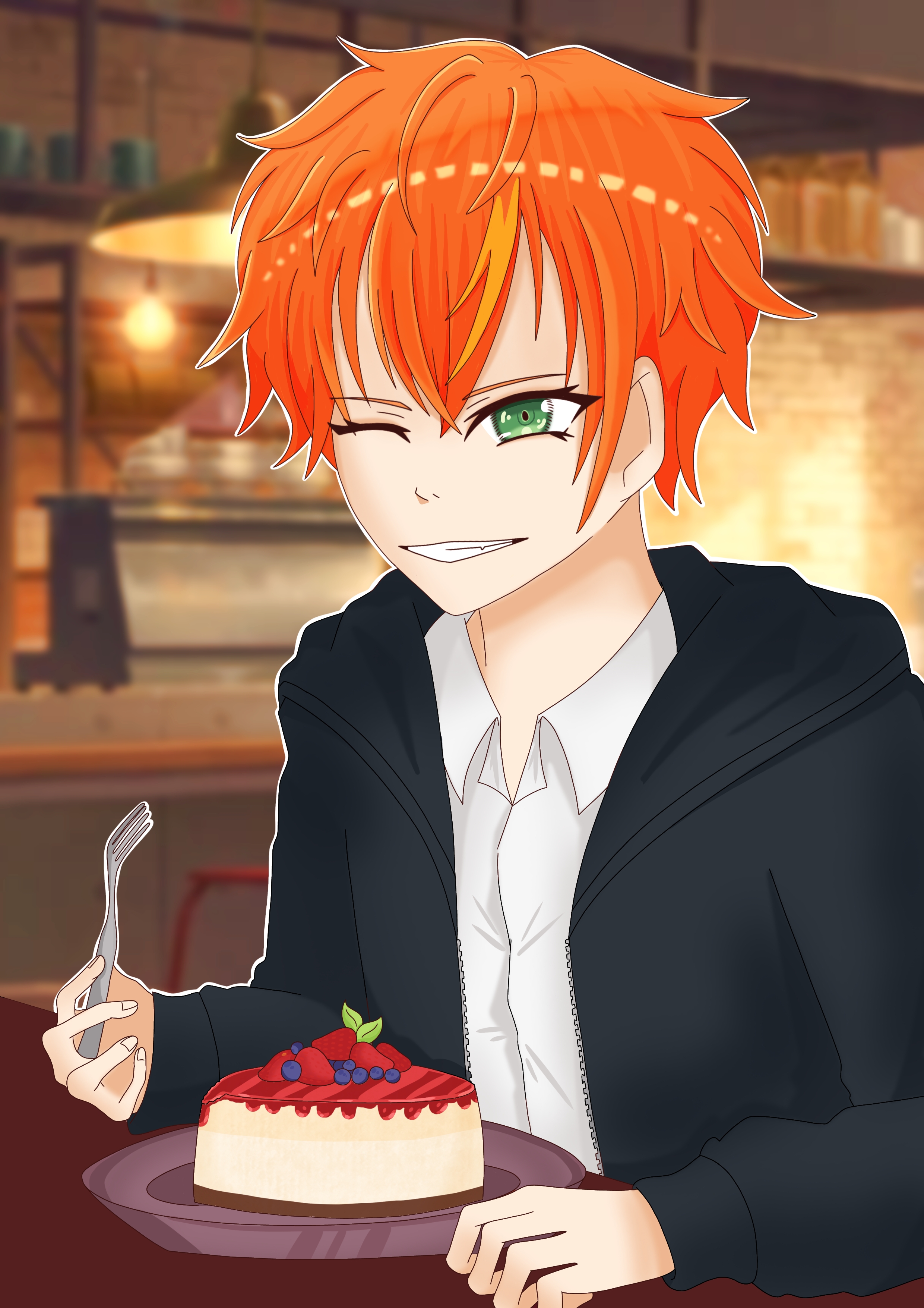 Digital drawing of Akito eating a cheescake.